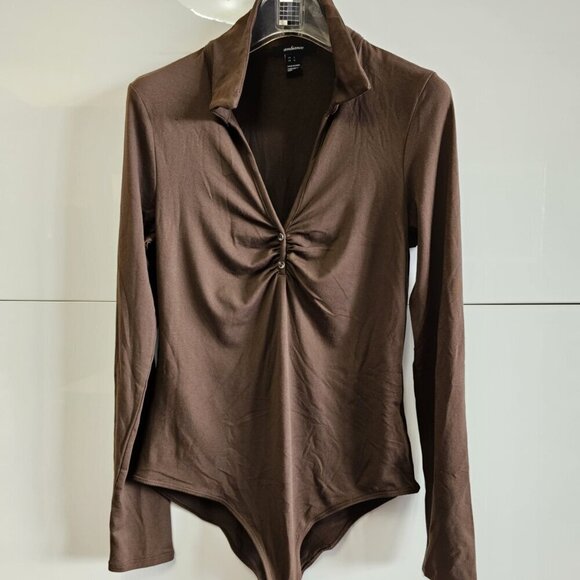 Choclate Brown Mocha Ruched Front Polo Bodysuit - Picture 2 of 7